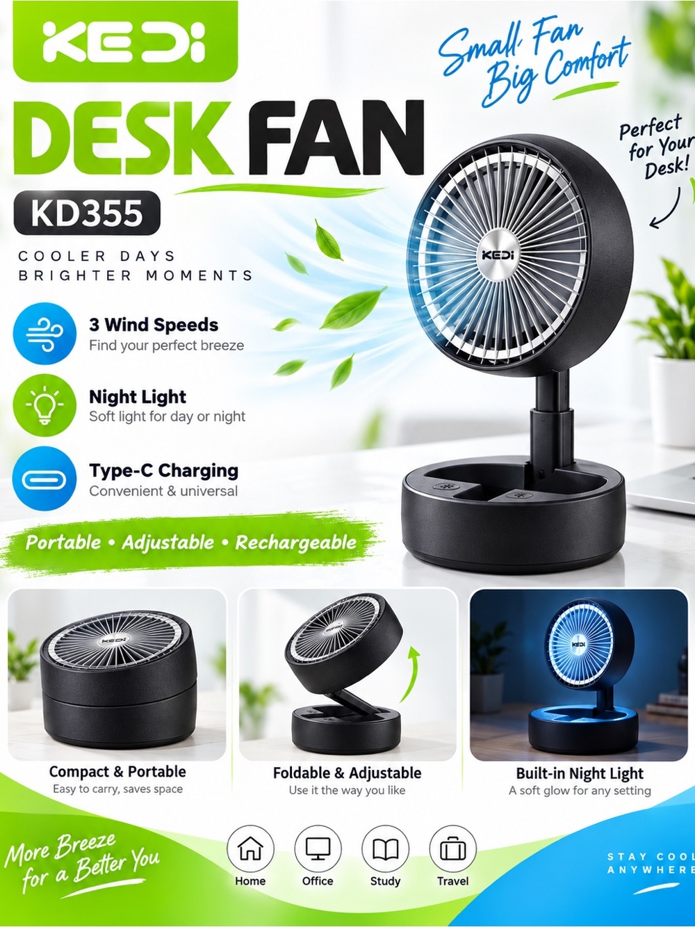 Black Desk Fan KD355 – Portable Rechargeable Fan with Night Light